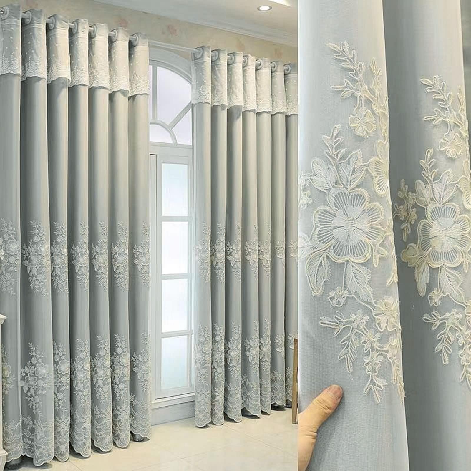 Tenda Coprente Oscurante Decorata, 107x160cm Ricamo in pizzo doppio strato Tenda oscurante per la stanza in stile casalingo, Occhiello, Grigio