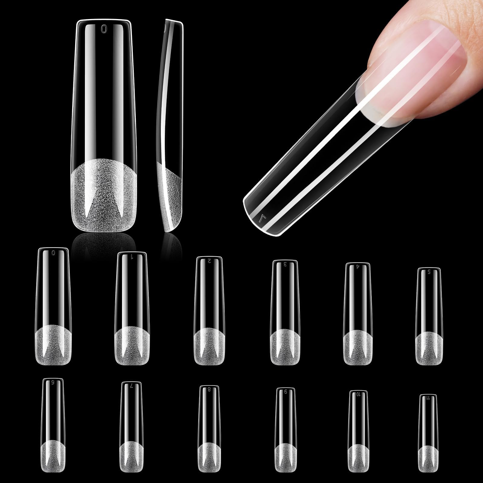 XXL Long Square Nail Tips 240PCS, Full Cover Pre-shaped Soft Gel False Nails, Half Matte Clear Press on Nails for Acrylic Nail Extensions at Home DIY Salon 12 Sizes
