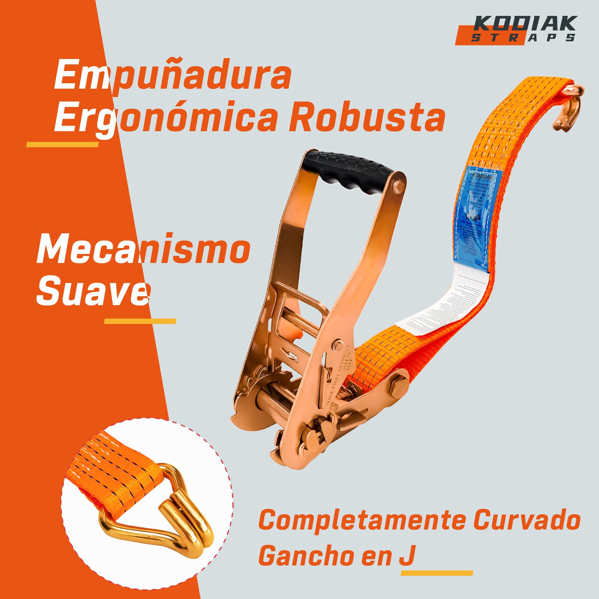 8 Correas Tensoras 8m x 5000kg con Trinquete y Ganchos - Correas de 50mm - Correa de Trinquete Naranja para Sujeción de Carga - Certificado TÜV/GS según DIN EN 12195-2 - KODIAK STRAPS