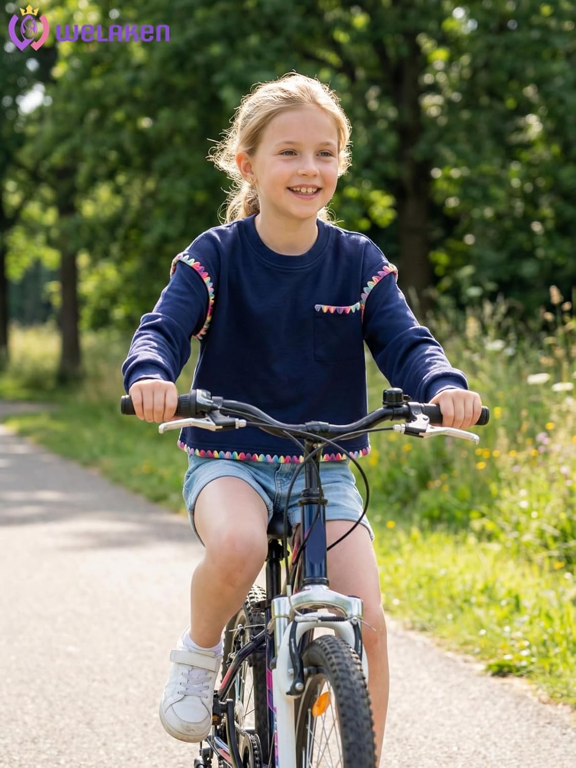 WELAKEN Girls Sweatshirt – Long Sleeve Cropped Pullover with Rainbow Trim and Pocket - Image 4