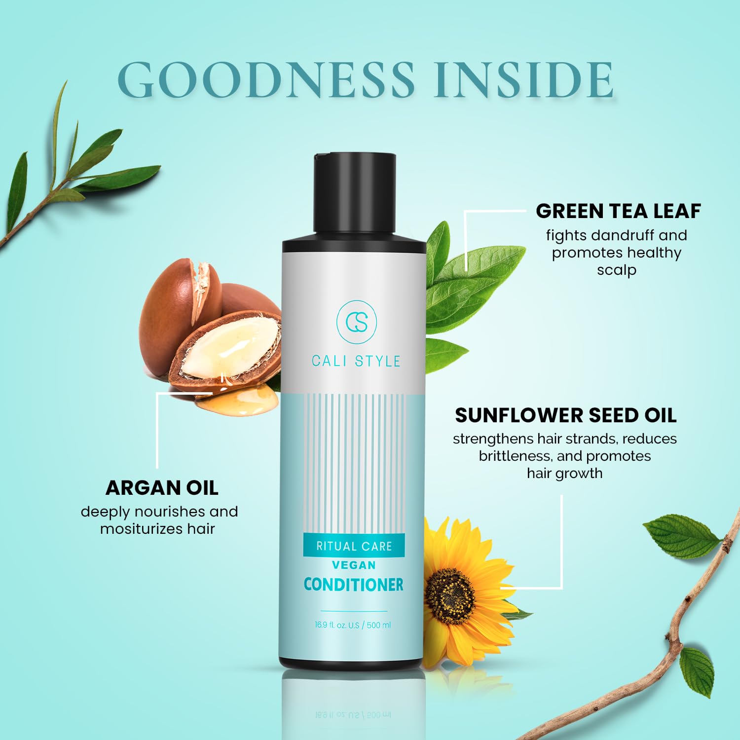 Cali Style Ritual Care Vegan Conditioner | 5-in-1 Benefits - Moisturizing, Hydrating, Defrizz, Nourishing, & Softening | With Argan Oil, Green Tea & Olive Oil | No Paraben & Sulfate (16.9 Fl. Oz)
