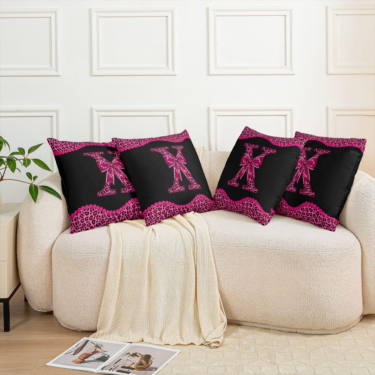 Loussiesd Juego de 4 fundas de cojín cuadradas con diseño de lazo de guepardo de 50 x 50 cm, fundas de cojín cuadradas con inicial en X, funda de cojín para sofá, decoración de dormitorio
