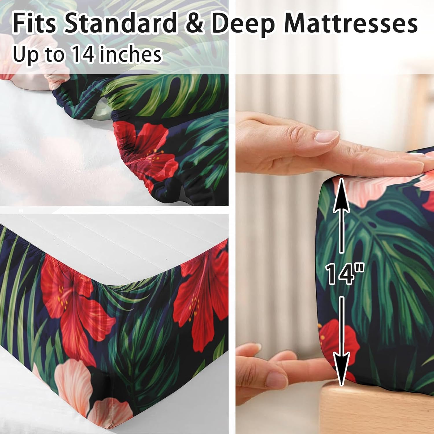 Pamnest King Size Bed Sheet Sets, Summer Hawaiian Soft Microfiber 4 Pcs Bedding Sets for Kids and Adults Bedroom Bed Decor, Tropical Hibiscus Plants Flat, Fitted Sheet and 2 Pillowcases