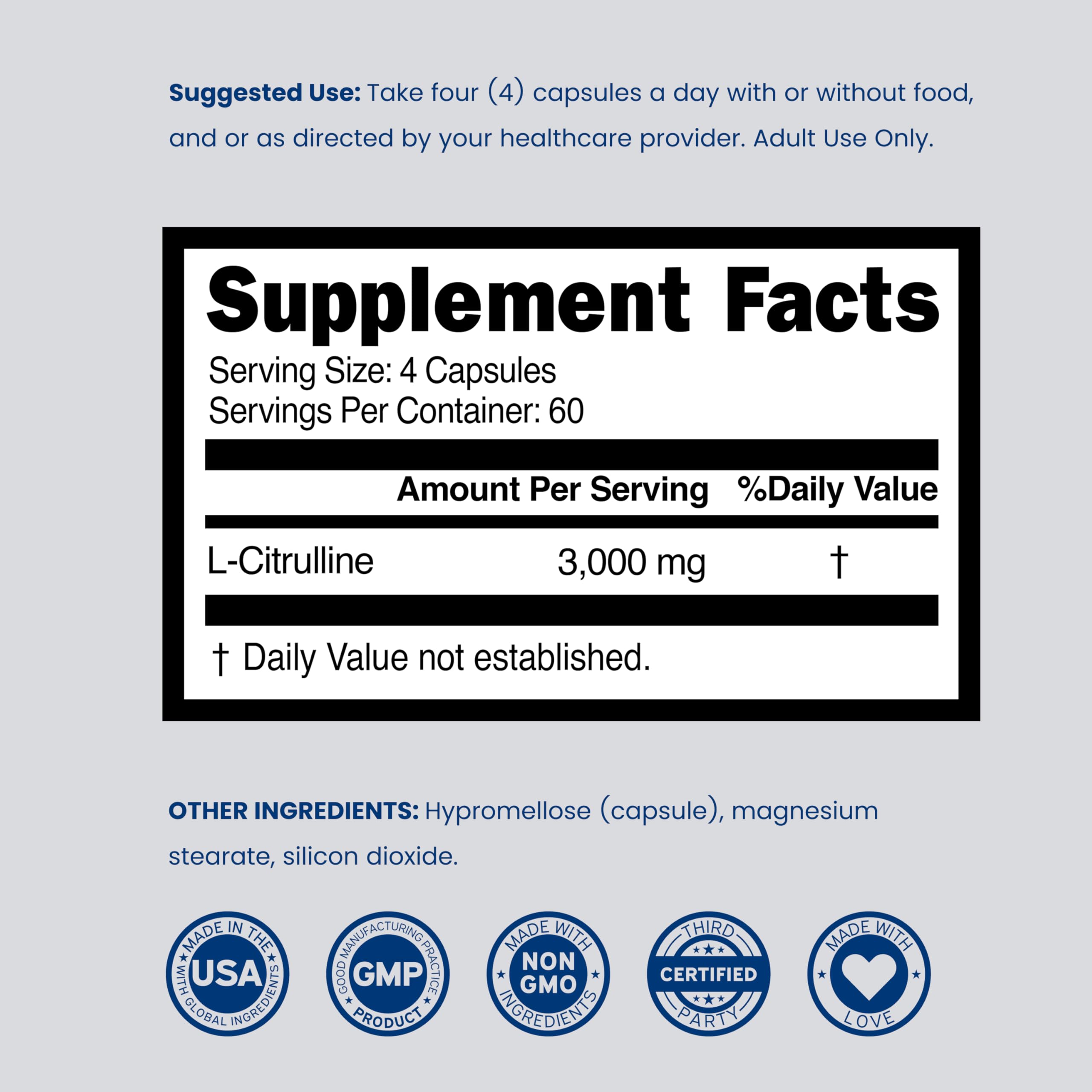 L Citrulline 3000mg Supplement (240 Capsules) Support L Arginine & Nitric Oxide Pills - L-Citrulline For Men & Women - Muscle Recovery & Pump Supplement - 3rd Party Tested, Vegan, Non-GMO - USA Made — Amazon image 6