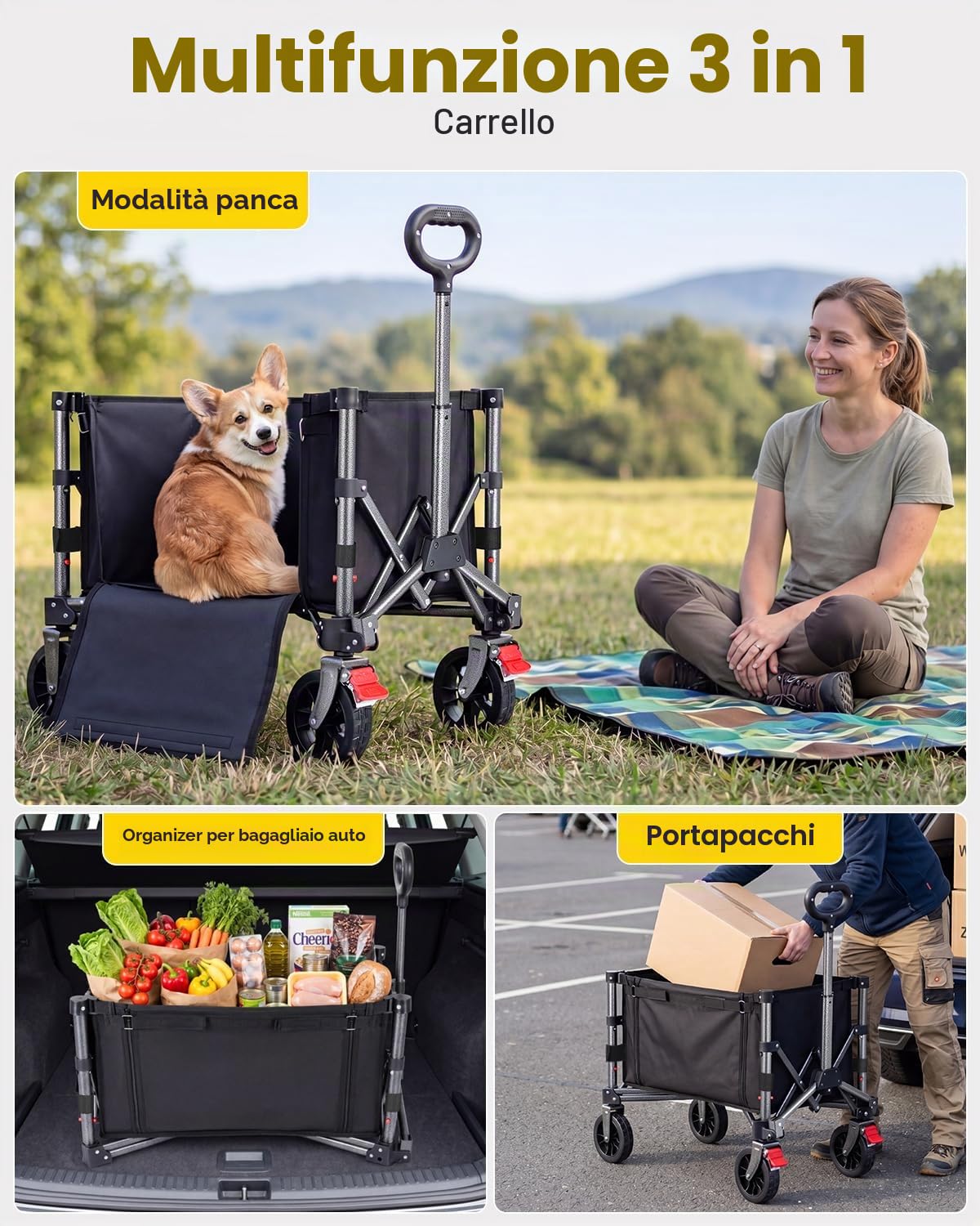 YEAUPE PRO Carrello con Ruote Portatile – 70L, 50kg carico max. – Pieghevole, con zip laterale, rete e manico telescopico – Ideale per campeggio, ufficio e casa – Nero Carbone