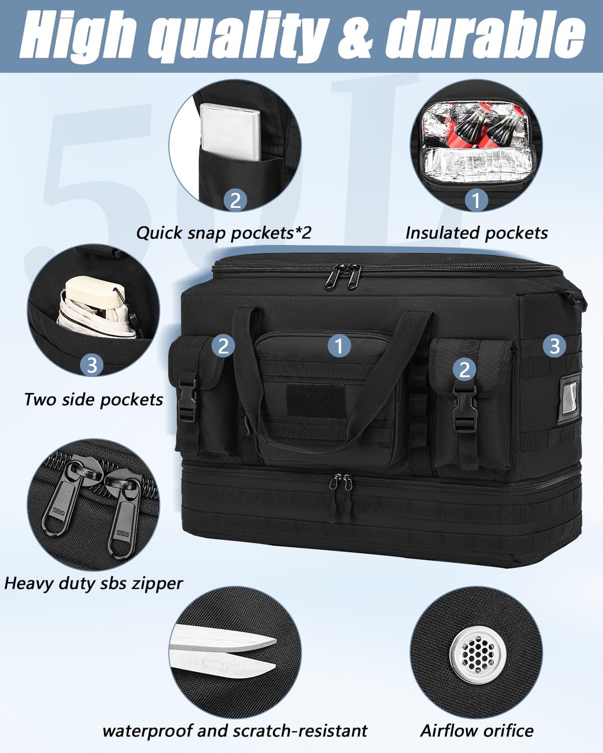 Gym Bag for Men Women, Large Tactical Duffle Bag for Travel, with Shoe Compartment and Toiletry Bag, Weekender Overnight Trip with Wet Pocket for Workout Medical, Black