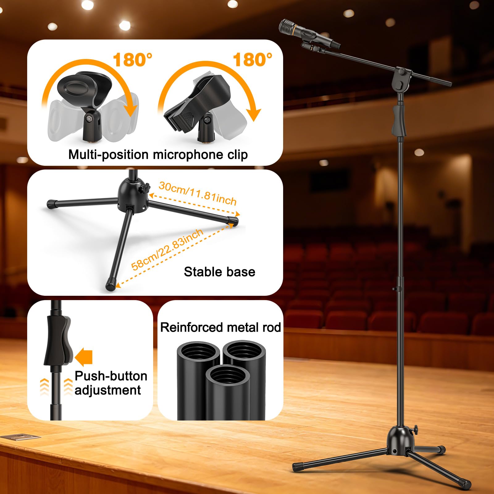 Supporto per Microfono, Asta per Microfono Treppiede, altezza regolabile 232 cm, 2 clip, Adattatore 3/8"→5/8", Supporto per Microfono da Terra Braccio Estens, Per Palco, Conf, Reg, Podcast