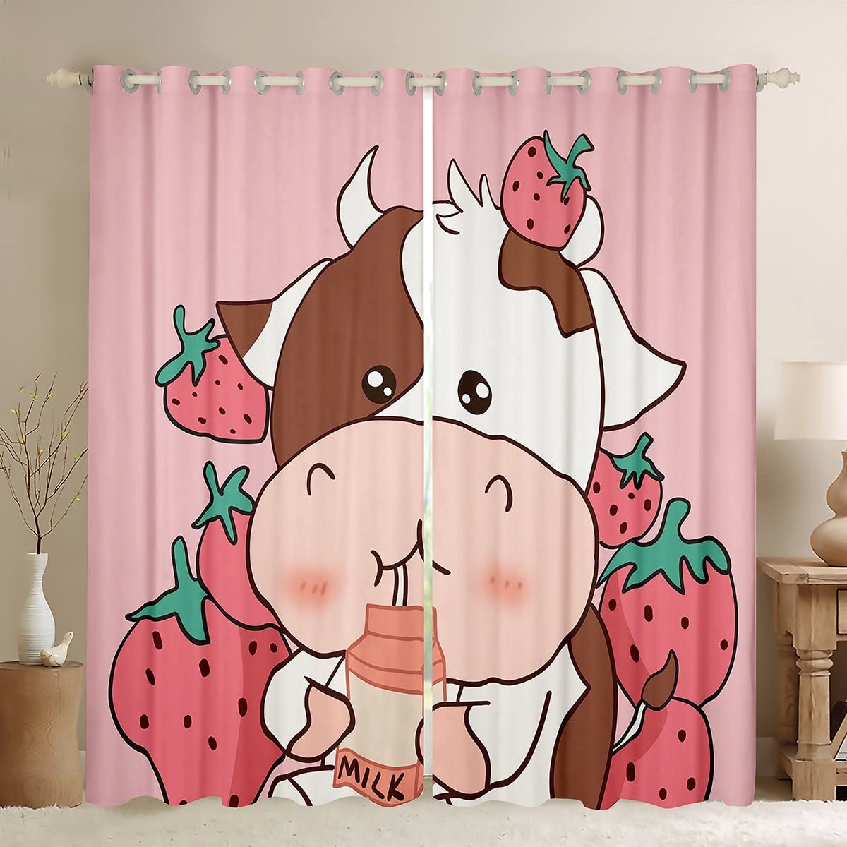 Loussiesd Blackout CurtainsStrawberry Cow Darkening Window Drapes Milk Cow Pattern Curtain for Bedroom Adults 3D Kawaii Animals Window Treatments W66*L72 โ image 1