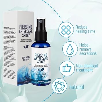 60ML Piercing Aftercare Spray - Saline Solution, Sterile Saline for Ear, Nose, Tongue, Navel, Ear Care Fluid, Cleaning & Effective