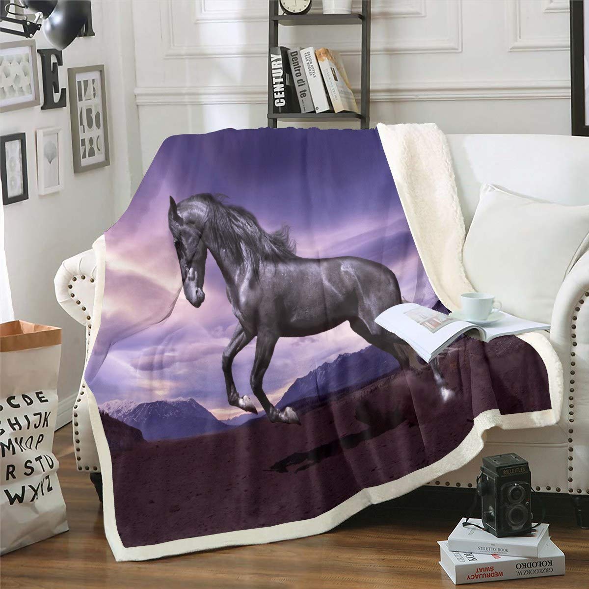 3D Black Horse Fleece Blankets Galloping Horse Printed Throw Blanket for Kids Boys Teens Wild Animal Pattern Sherpa Blanket Wildlife Fuzzy Blanket for Chair Office Plush Blankets Double 60"x79"