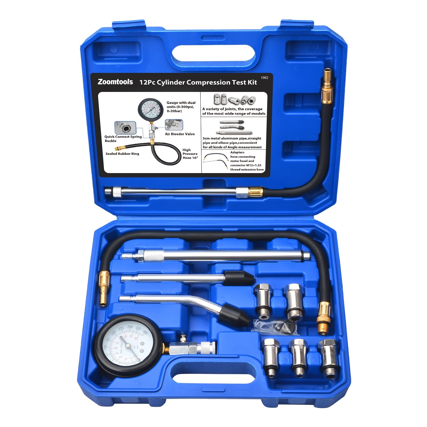 11PC Tester di compressione, Kit di strumenti per tester di compressione, Per testare la compressione dei cilindri, composto da cinque adattatori: M10, M12, M14, M16, M18, Adatto per test di compressi
