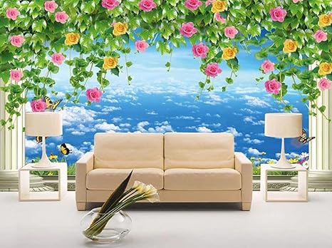 Amazon 3dアート壁画は壁紙をカスタマイズします 青い空と白い雲バラの花のつる 居間の寝室の子供の部屋の背景の装飾のための不織布の壁紙 250x175cm 壁紙