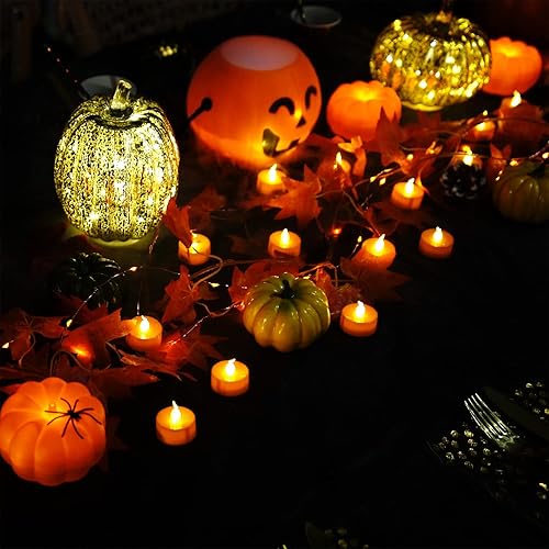 Miniatura 4 de Paquete de 24 velas de té naranja para Halloween, velas LED que funcionan con pilas, luces de calabaza pequeñas con bombilla blanca cálida, sin