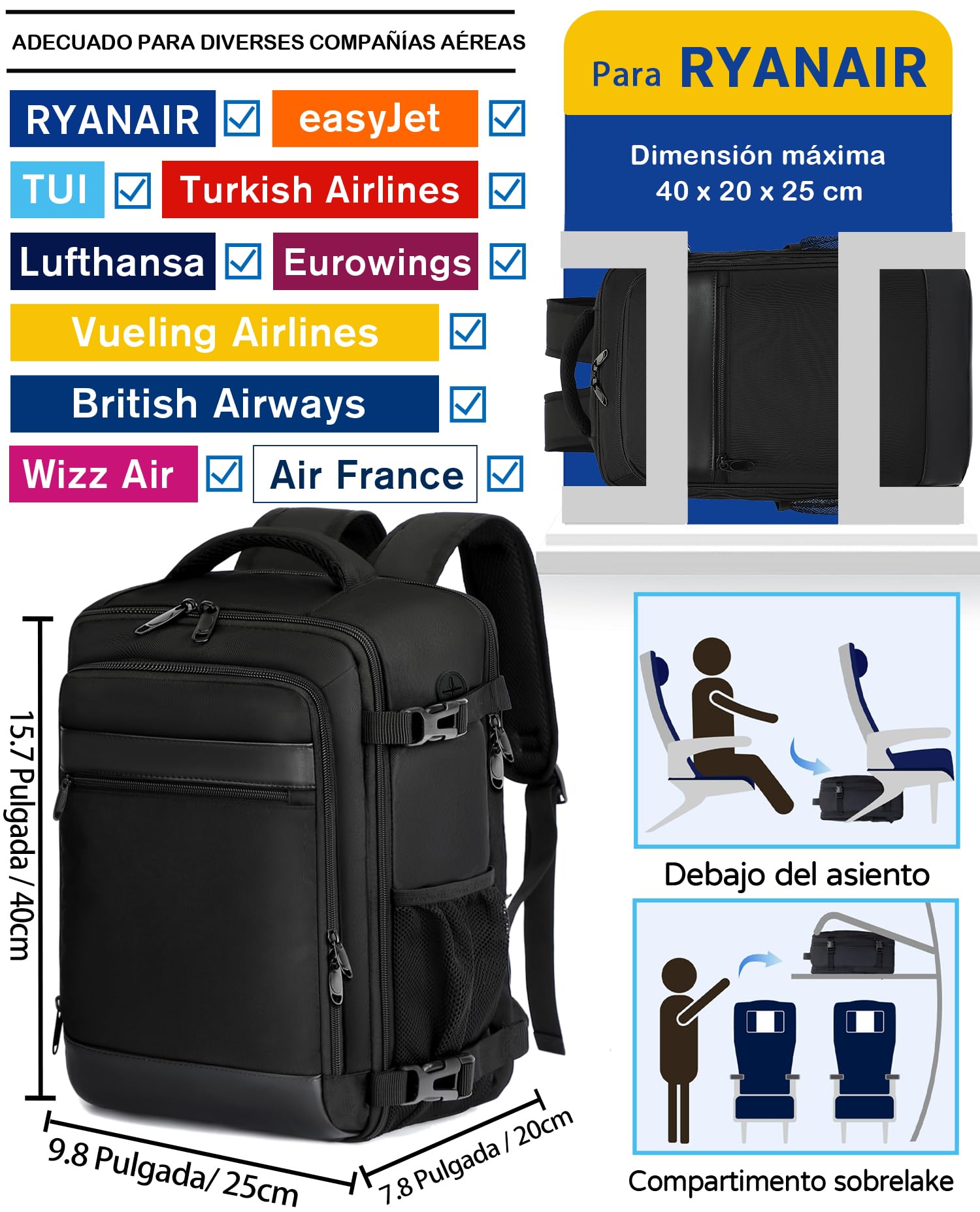 KLOSTAIN Mochila Viaje Cabina Avion 40x20x25 para Ryanair 20L Mochila Cabina Equipaje de Mano Bolso Viaje Hombre Mujer Mochilas para Portatil de 14 Pulgadas Mochila de Trabajo Escuela Negro