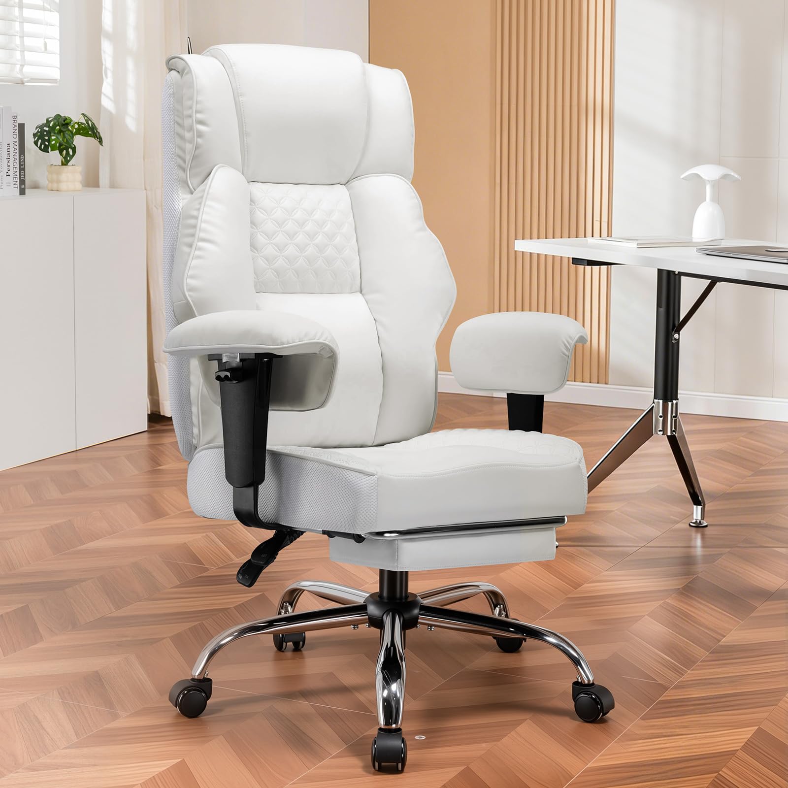 GTPLAYER Sedia da gaming, ampia sedia da ufficio con molla tascabile, sedia ergonomica per PC, regolabile e girevole con poggiapiedi, in ecopelle, 180 kg, bianco