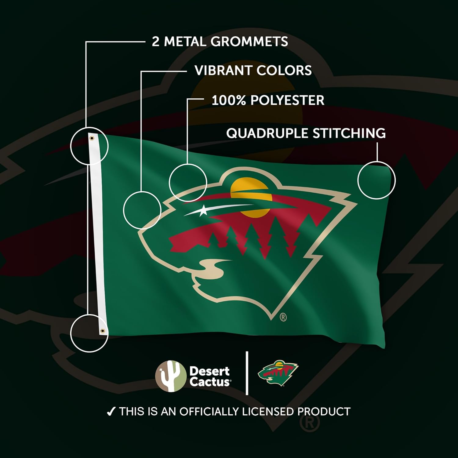 Desert Cactus Minnesota Wild Flag NHL 100% Polyester Indoor Outdoor 3x5 feet National Hockey League Team Flags (Design #2) - Image 4