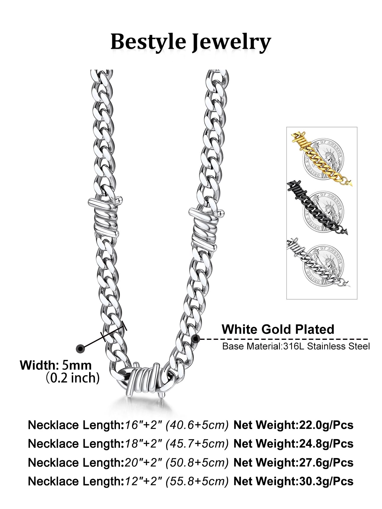 Bestyle Cadena Cubana Hombre Collar Espina Púas Acero Inoxidable | 5/7/9/12mm Cadenas Cubanas Plata/Dorado/Negro Joyas Hip Hop Punk Rock Gotico 41/46/51/56cm