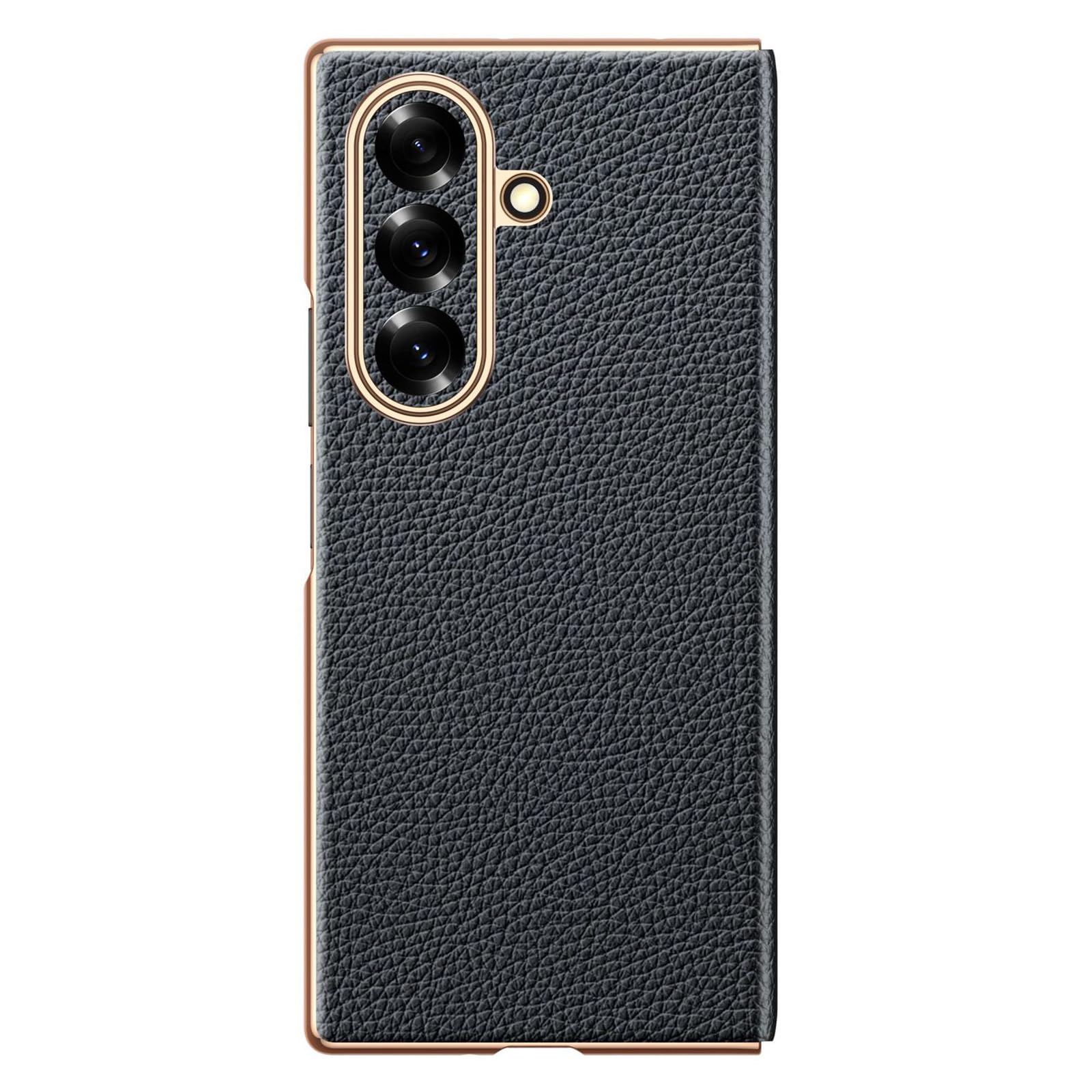 Etui z klapką do Samsung Galaxy Z Fold 7, smukłe luksusowe etui biznesowe z motywem liczi z prawdziwej skóry z ocynkowaną obudową, czarny, Z Fold 7