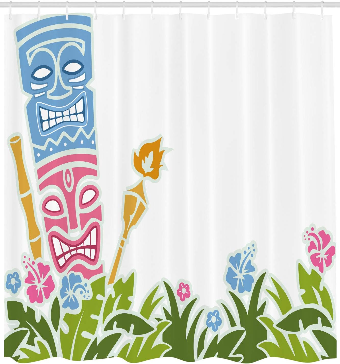 Ambesonne Tiki Bar Shower Curtain, Surrounded by Fresh Vibrant Hibiscus Flowers Polynesian Print, Cloth Fabric Bathroom Decor Set with Hooks, 69" W x 70" L, Pale Blue Pink Green