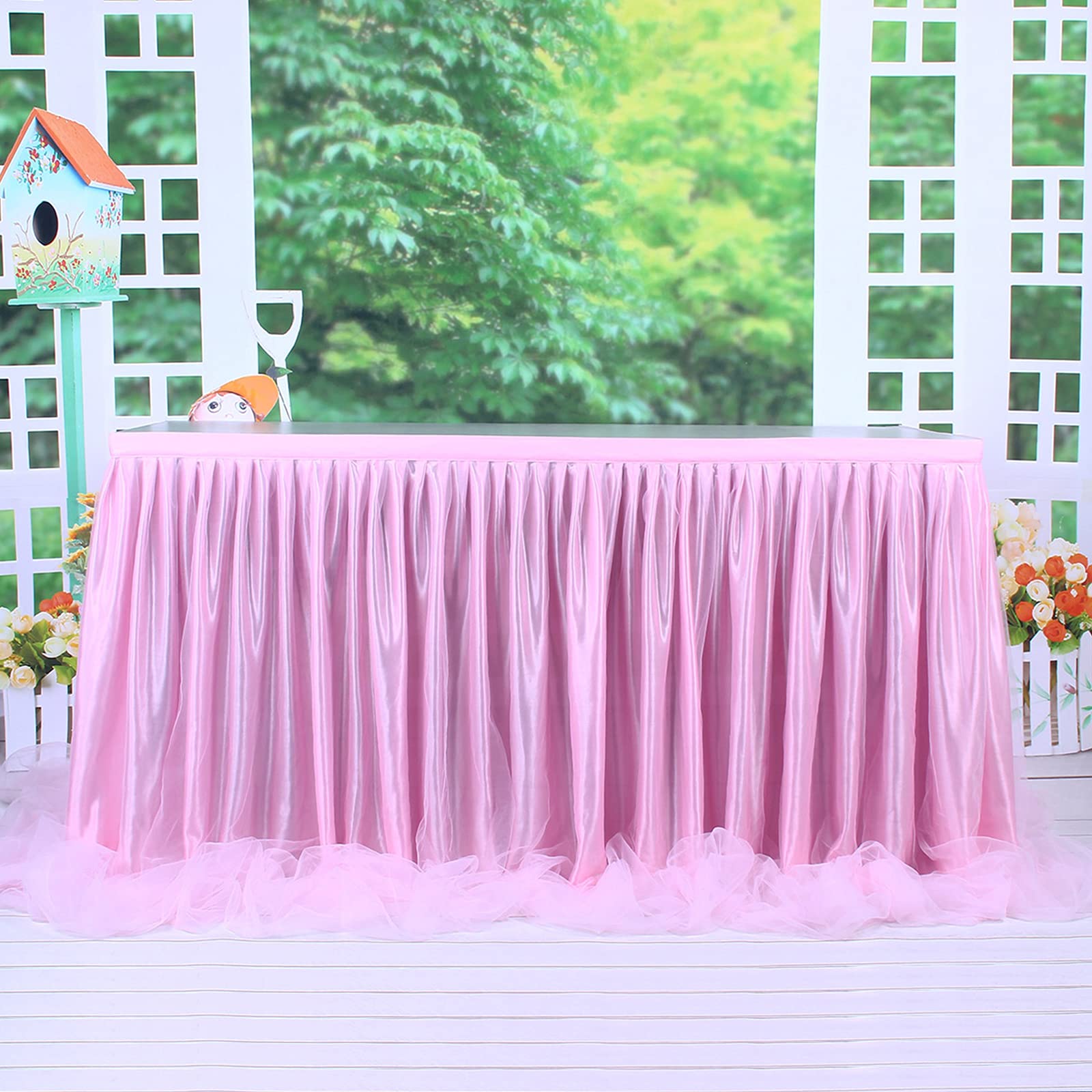 aromm Tulle Table Skirt Cover for Baby Shower Wedding Parties Table Decor 9 FT (L275cm×H77cm) Pink - Image 4