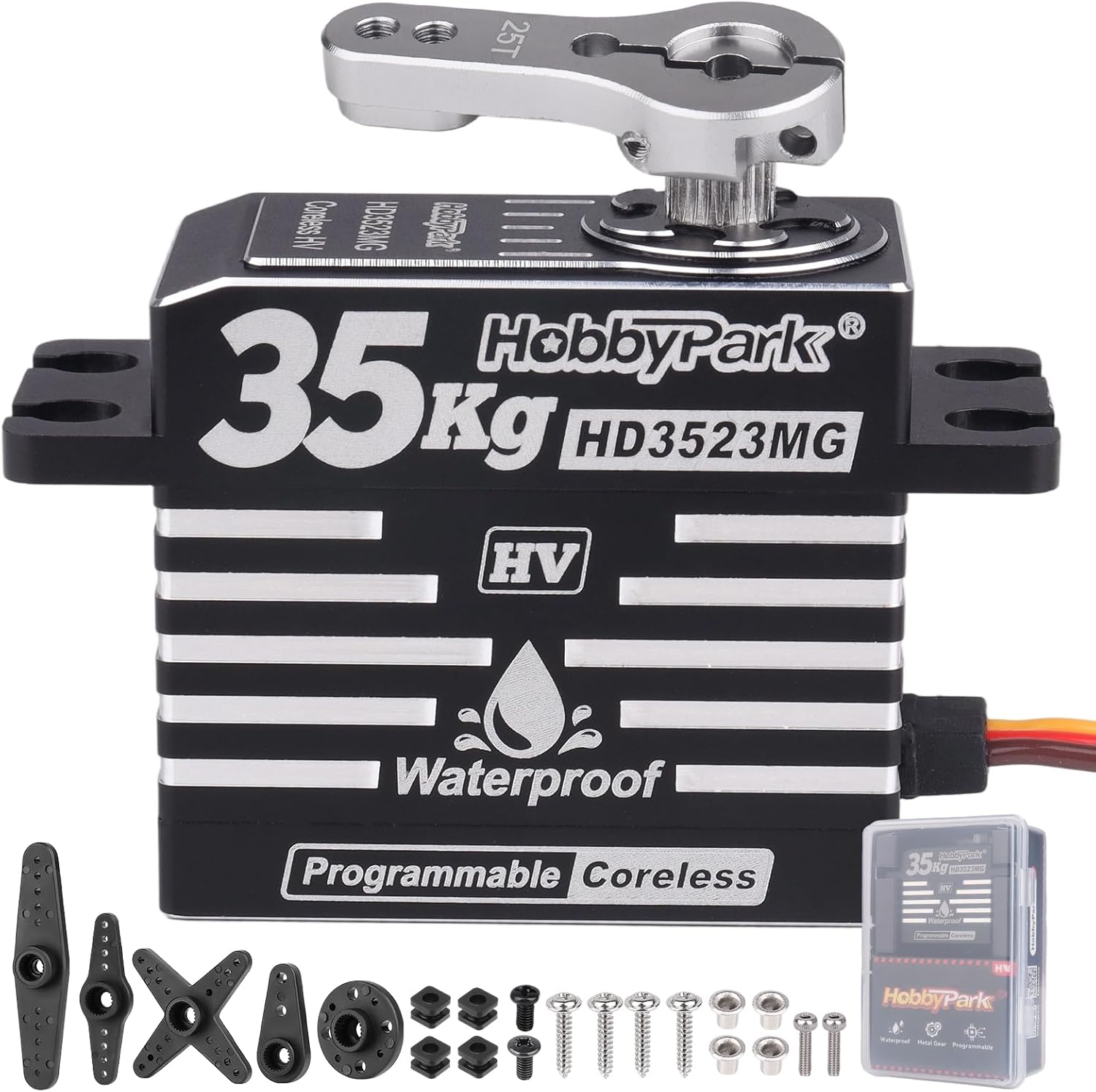 HobbyPark 35kg RC Servo Waterproof High Torque Metal Gear Digital Stainless Steel Gears Aluminum Case for 1/7 1/8 1/10 RC Crawler Car Truck Buggy Programmable Control Angle 180° (Coreless Motor)
