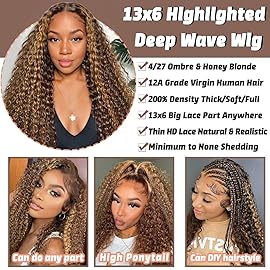 KVFCT 24 inch Ombre Highlight 13x6 Deep Wave Lace Front Wigs Human Hair 200% Density Honey Blonde 4/27 Curly Human Hair Wigs HD Lace Front Glueless Wigs Pre Plucked with Baby Hair Deep Wave Wig