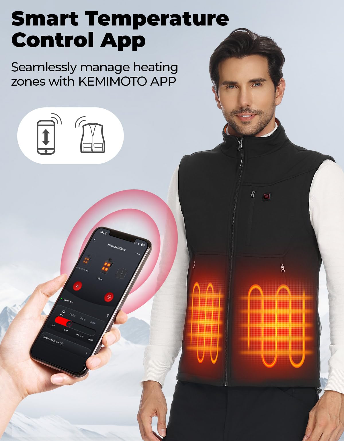 KEMIMOTO Gilet Riscaldato Uomo Donna, Antivento Gilet Riscaldato con Telecomando APP, Elettrico Giubbotti Riscaldati con Batteria da 10000 mAh per Sci Escursionismo Caccia Pesca Motociclismo
