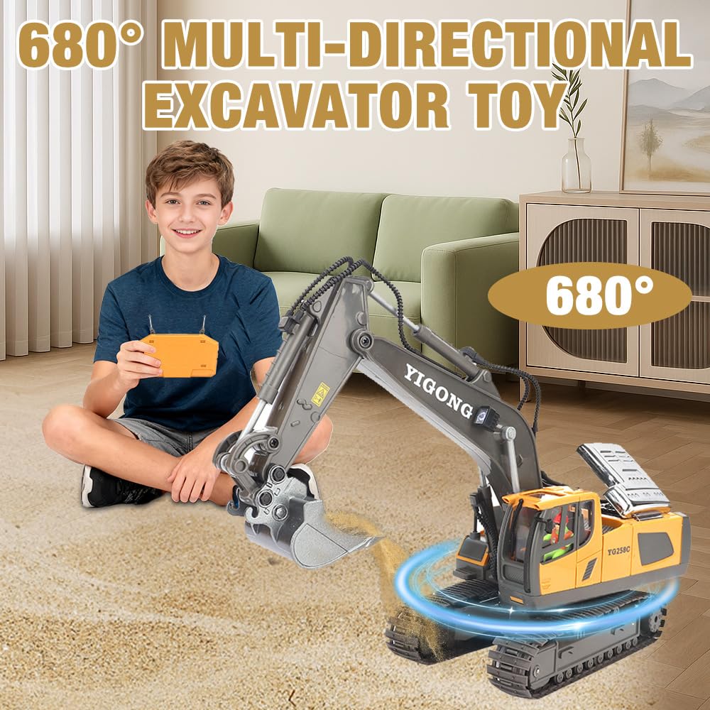 Excavadora Teledirigido, Excavadora Teledirigida Rotación De 680°, RC 11 Canales 2.4 GHz RC Recargable Juegos Niños 7-14 Años Juegos Exterior Niños