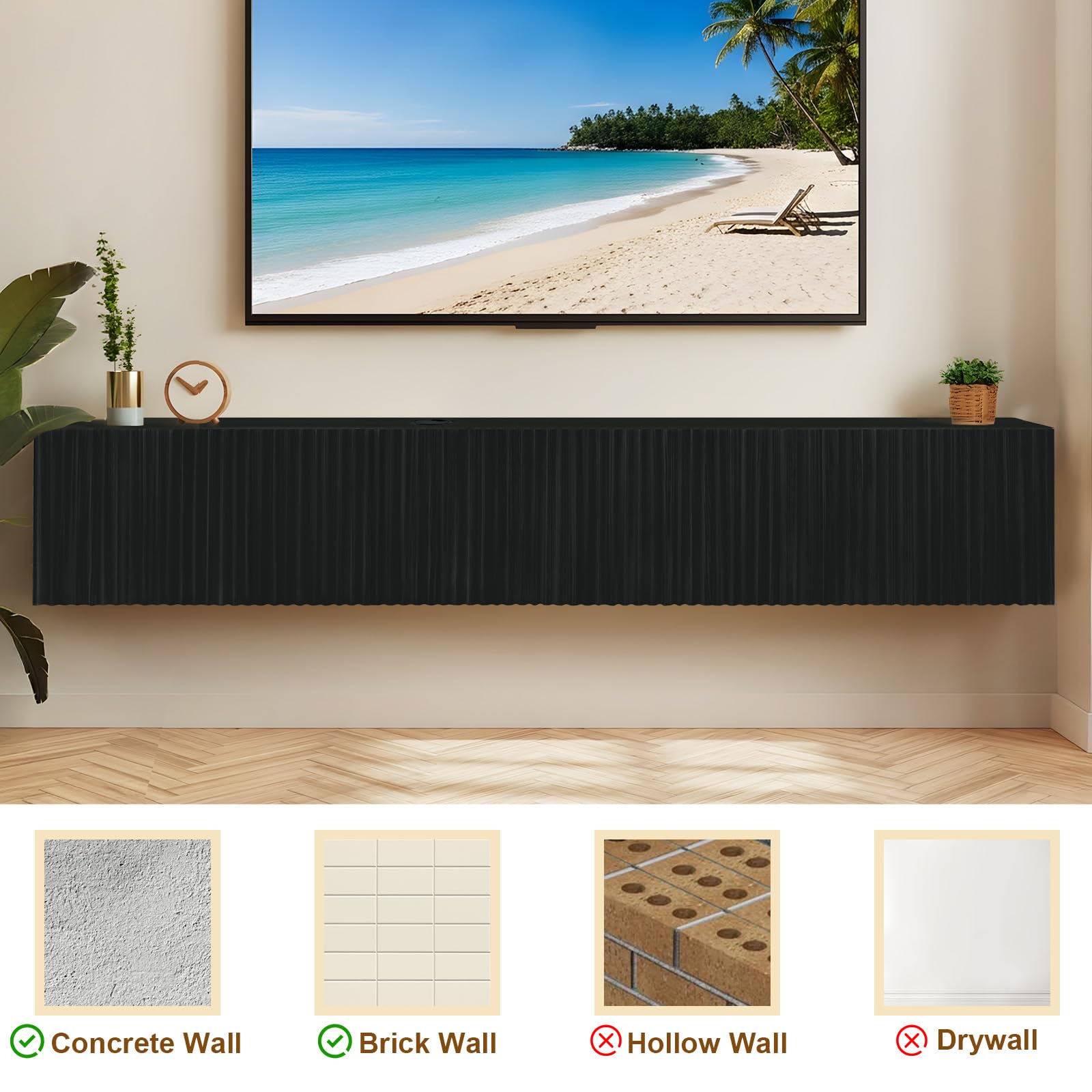 TABOJS Soporte Flotante para TV, Centro de Entretenimiento de Montaje en Pared de 70,7 Pulgadas con Puertas estriadas, Elegante Consola Multimedia y gabinete de Almacenamiento para Sala de Estar,