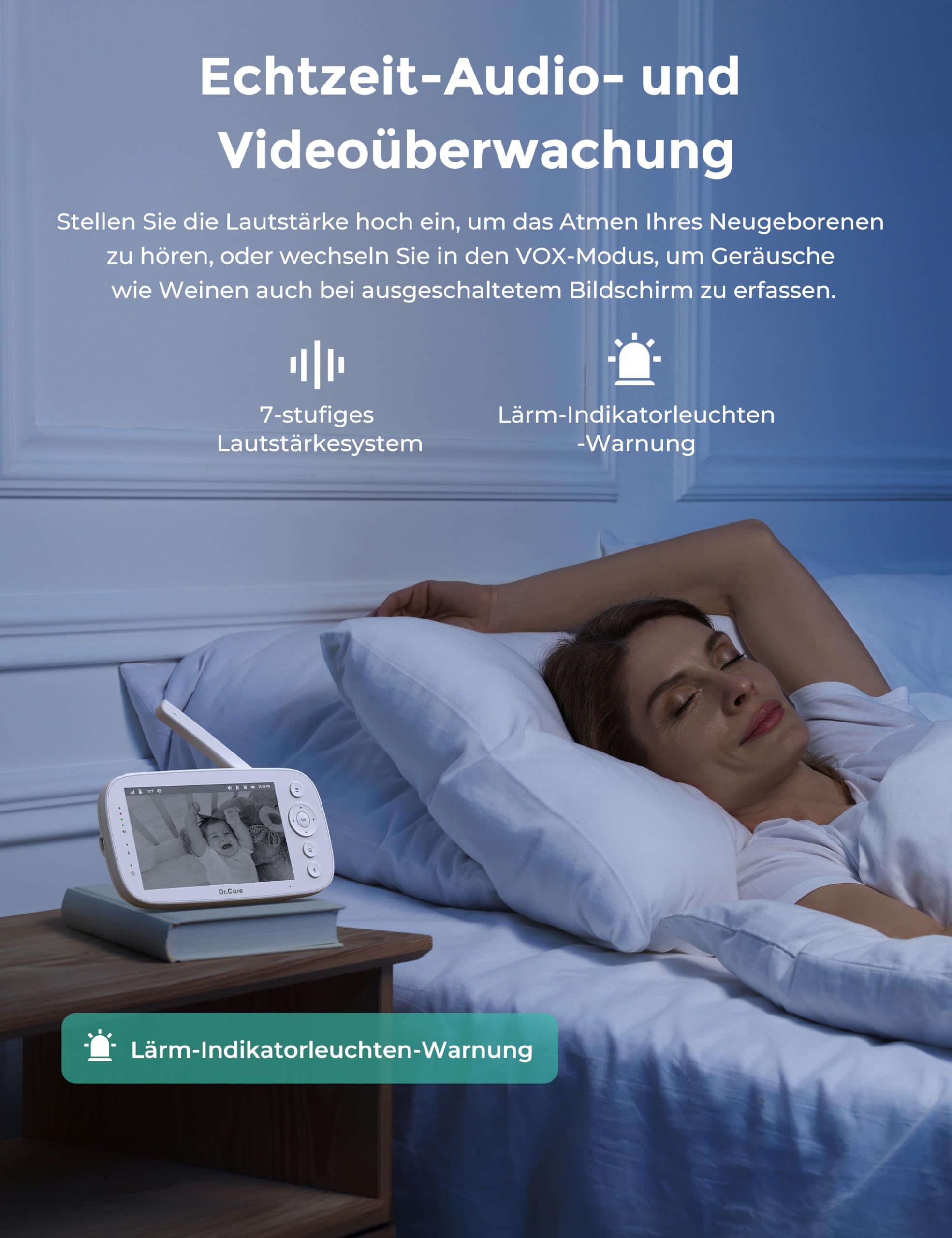 Dr.Care NovaView Pro Babyphone ohne WLAN mit Bewegungsmelder 5 Zoll 1080P Display 5000mAh Akku klare Nachtsicht Echtzeit VOX 2x/4x Zoom 300 m Reichweite 2-Wege-Audio Schwenk- und neigbare Kamera