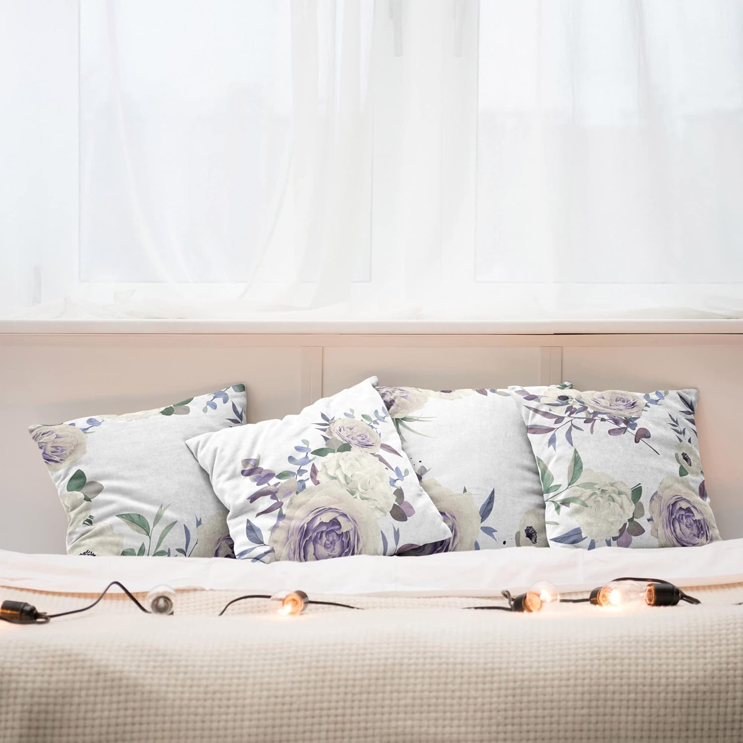 Ambesonne Floral Throw Pillow Cushion Case Pack of 4, Pastel Colored Romantic Style Blossoming Roses and Carnation Minimal Love, Modern Accent Double-Sided Digital Printing, 16", Ivory Violet Green