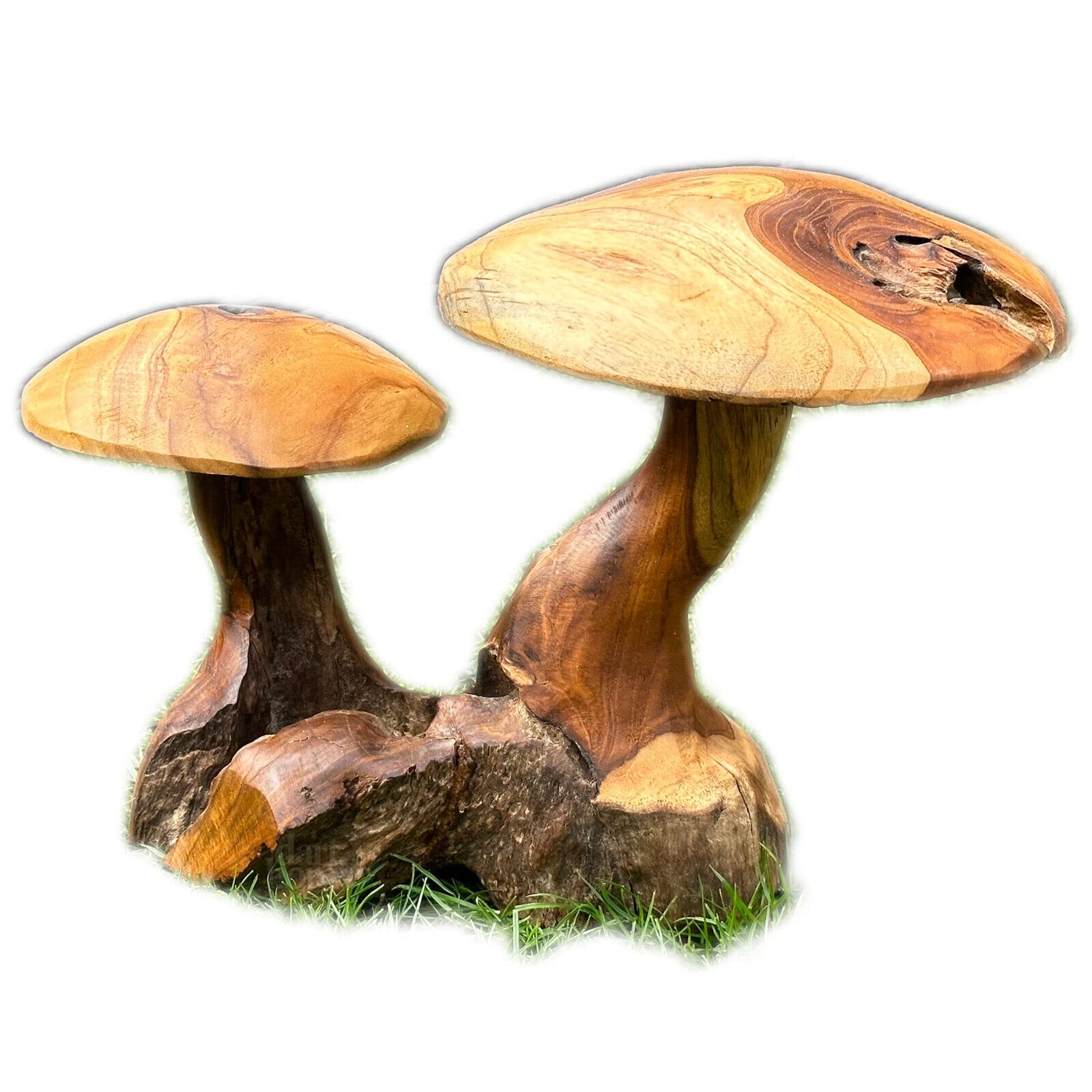 Darthome Brown Teak Root Double Wild Mushroom Sculpture Hand Carved Wood Toadstools Large Art 40Cm