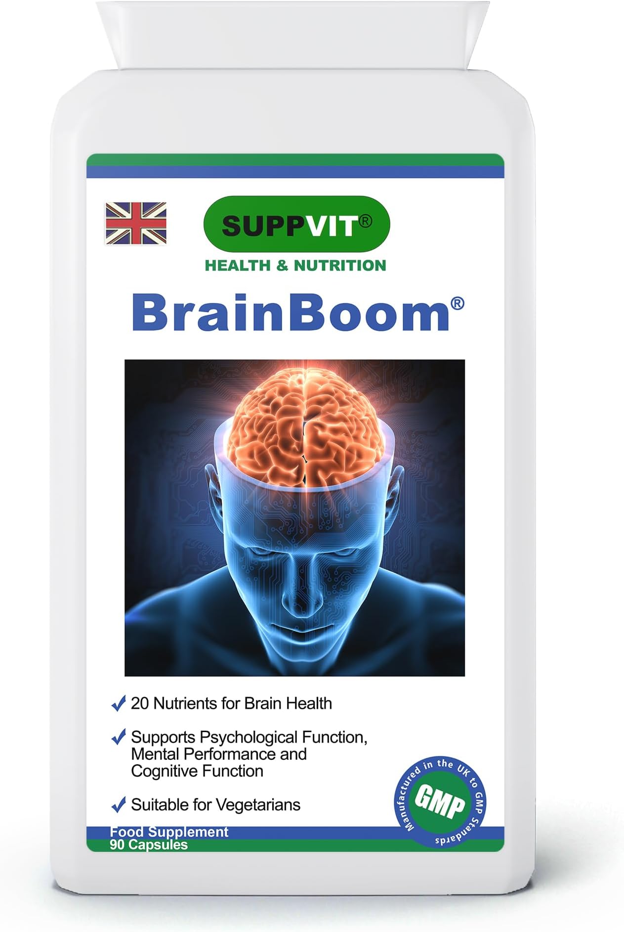 BrainBoom Brain Support Health Supplement Nootropics | 90 Capsules | for Cognitive Function, Concentration, Memory, Focus & Energy | Ginkgo Biloba & Bacopa Monnieri | UK Manufactured