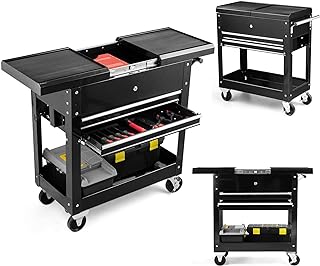 Goplus Tool Cart, 4-Tier Rolling Tool Box Cabinet on Wheels with Lockable Drawers & Sliding Top, Heavy Duty Steel Tool Storage Organizer for Garage Warehouse Workshop, Black