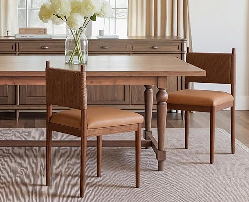 EALSON Juego de 2 sillas de comedor de ratán tapizadas de cuero con patas de madera de nogal y respaldo tejido, sillas de cocina modernas de