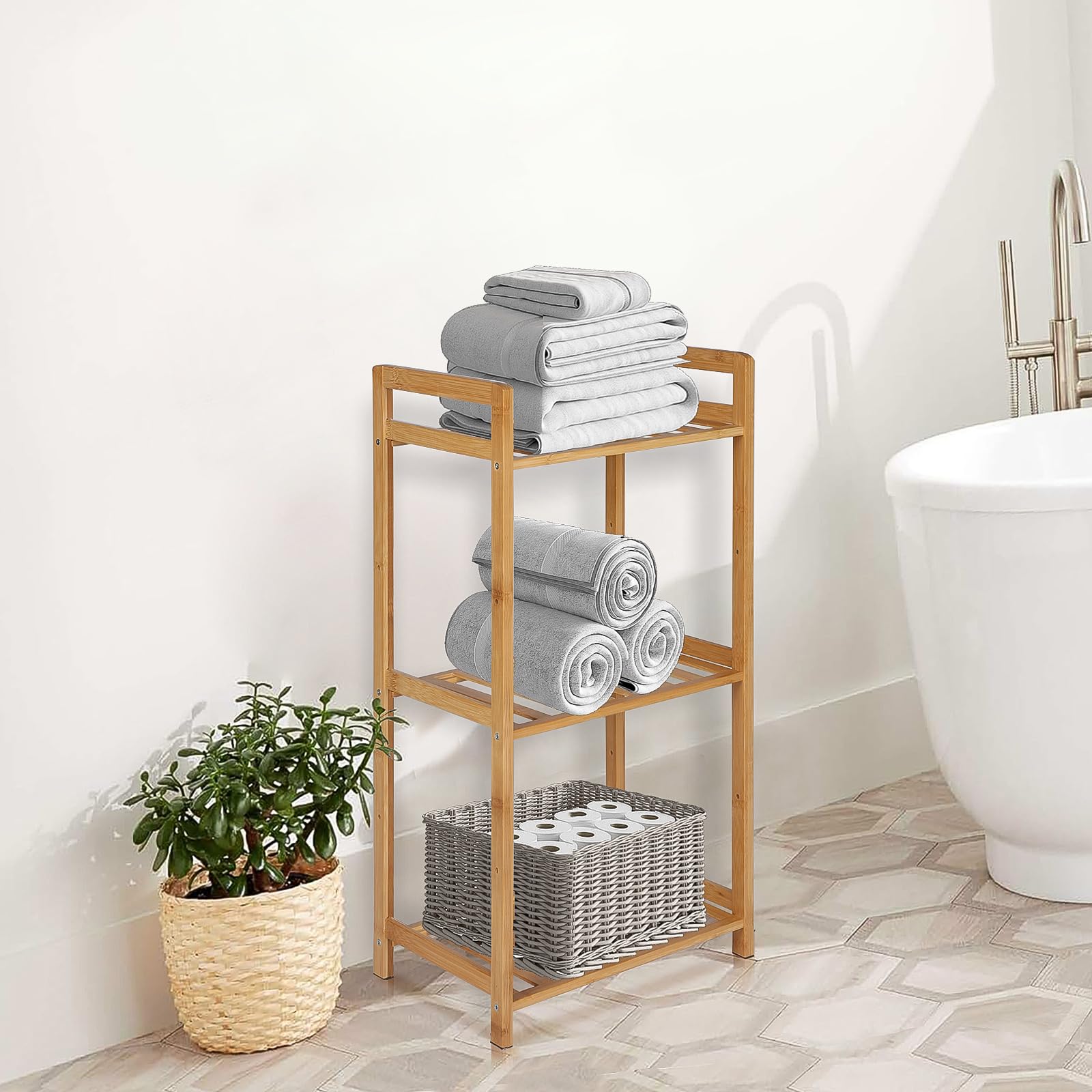 PACHIRA Standregal mit 3 Ablagen, 35 x 25 x 71 cm Bambusregal, Stehendes Lagerregal Aus Bambus, Als Küchenregal, Badregal, Bücherregal, Schuhregal, Holzregal Für Badezimmer, Küche, Wohnzimmer, Balkon