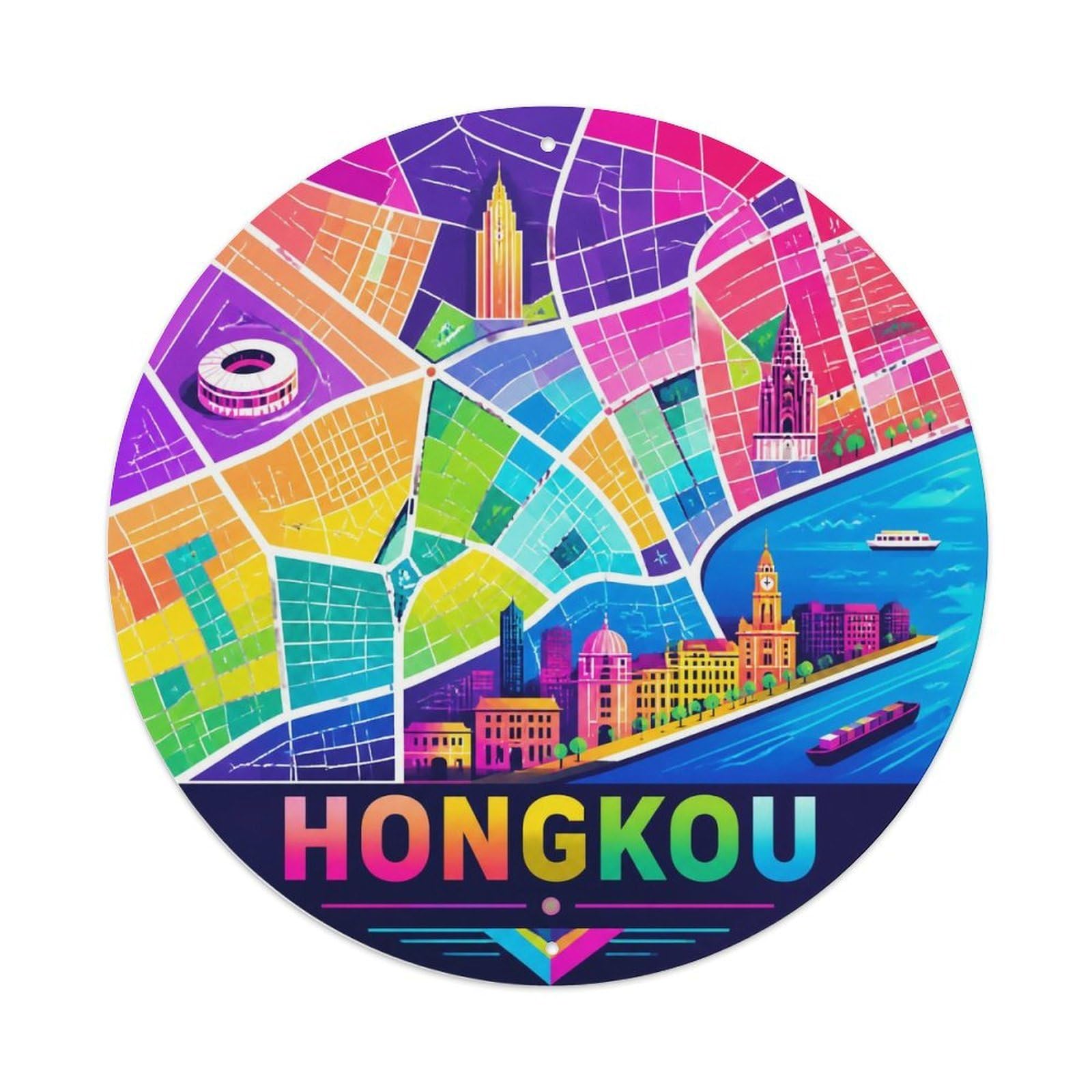 Okngb Style Hongkou District Color Block Route Riverfront Detail Metal Tin Sign Plaque Wall Decor For Cafe, Man Cave, Club Bar, Office, Home Garden Round Metal Poster 8X8inch