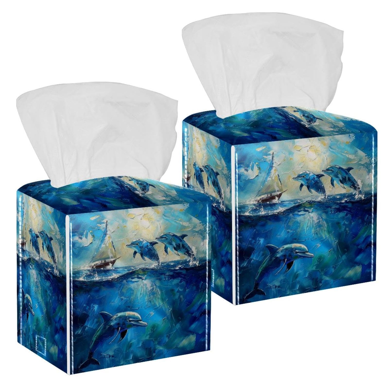 Dolphin under the Blue Sea Tissue Box Cover, 2 Pack PU Leather Square Facial Tissue Dispenser Box holder for Home Office Car