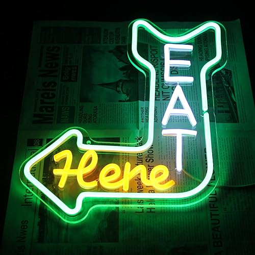 Miniatura 7 de Letrero de neón con texto en inglés "Eat Here", para decoración de pared con orientación de flecha, verde, naranja, blanco, para comer, regulable,