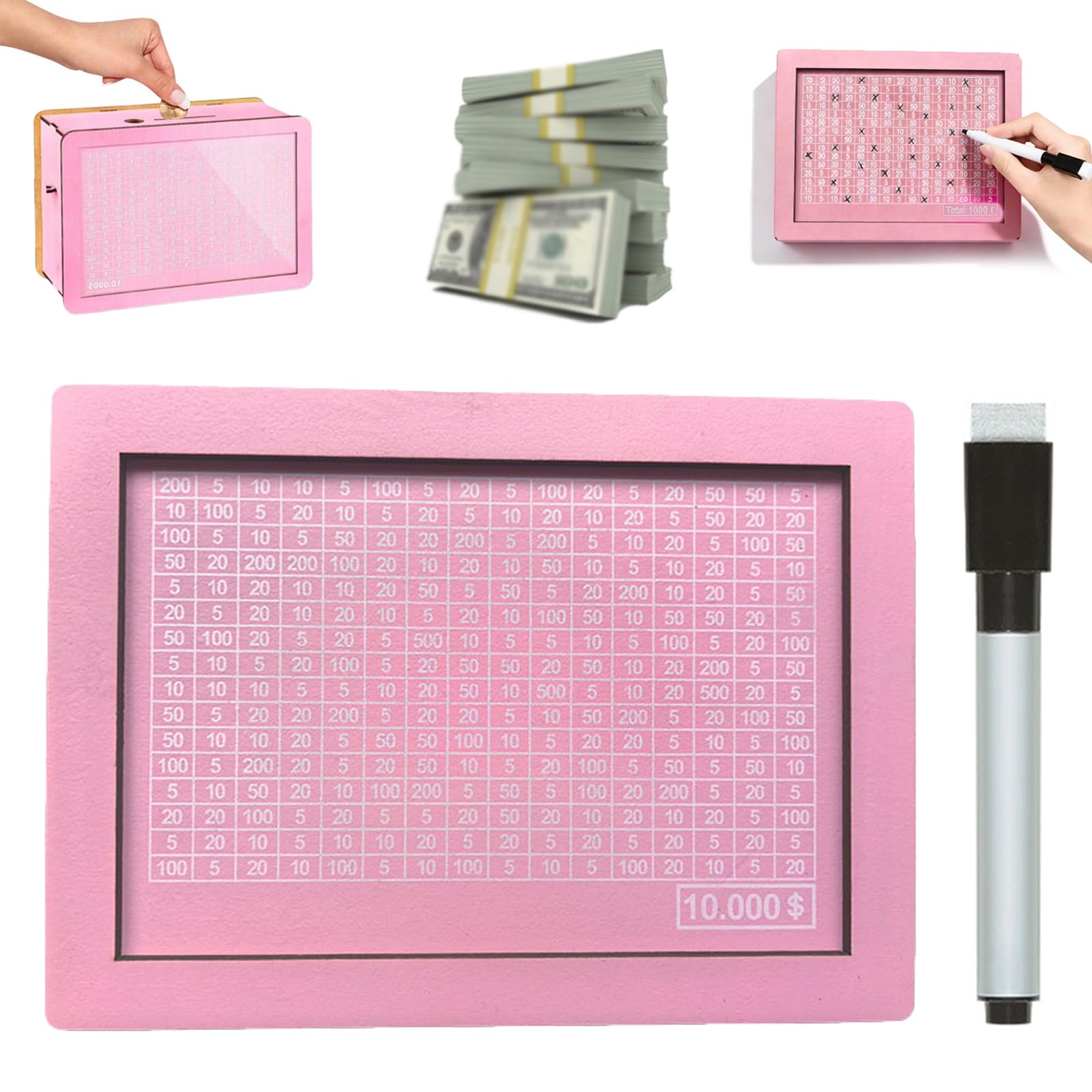 Mcprilyndra 10000 Cash Vault Wooden Savings Box Pink, 2026 New Cash Savings Challenge Box, Wooden Cashs Saver Money Boxs With Money Target And Numbers, Reusable Coin Counter Piggy Bank (10000)