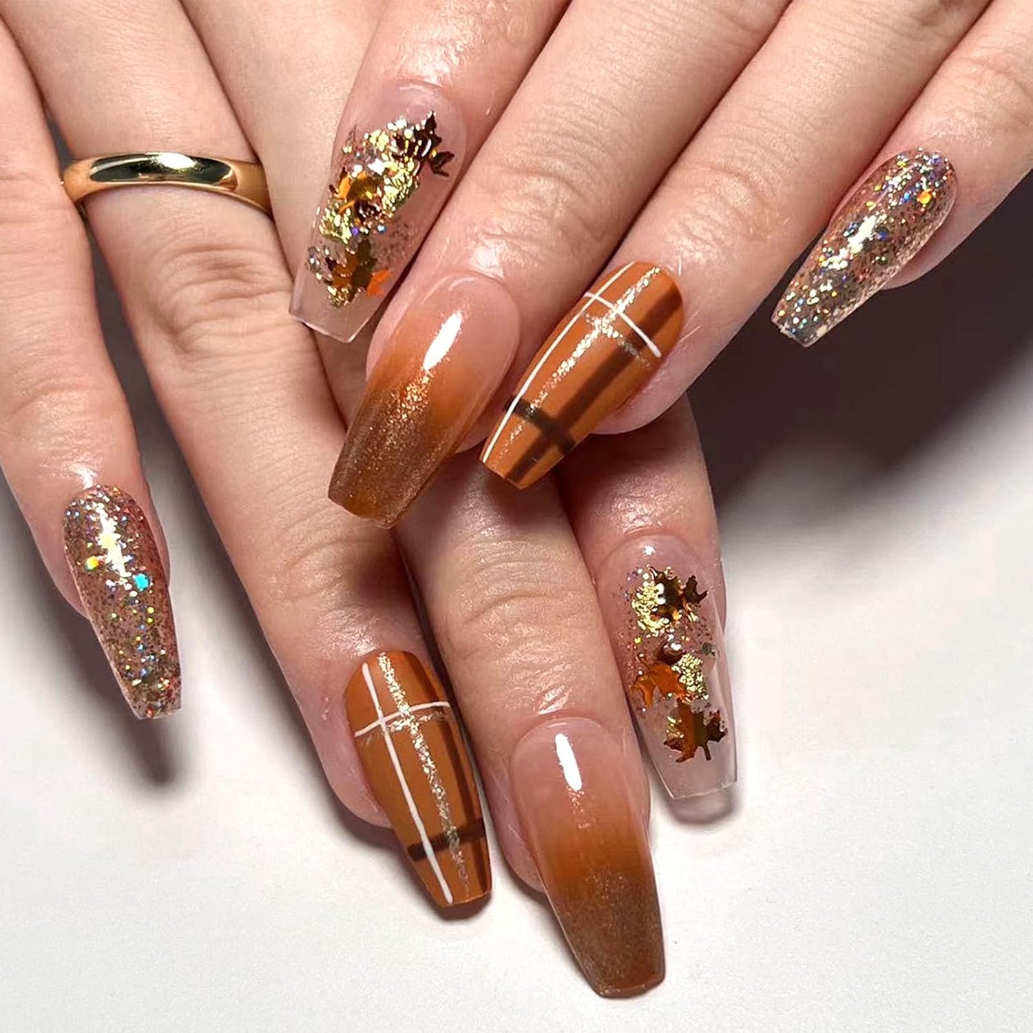 Coffin Press On Nails - Medium Brown Glossy False Nails