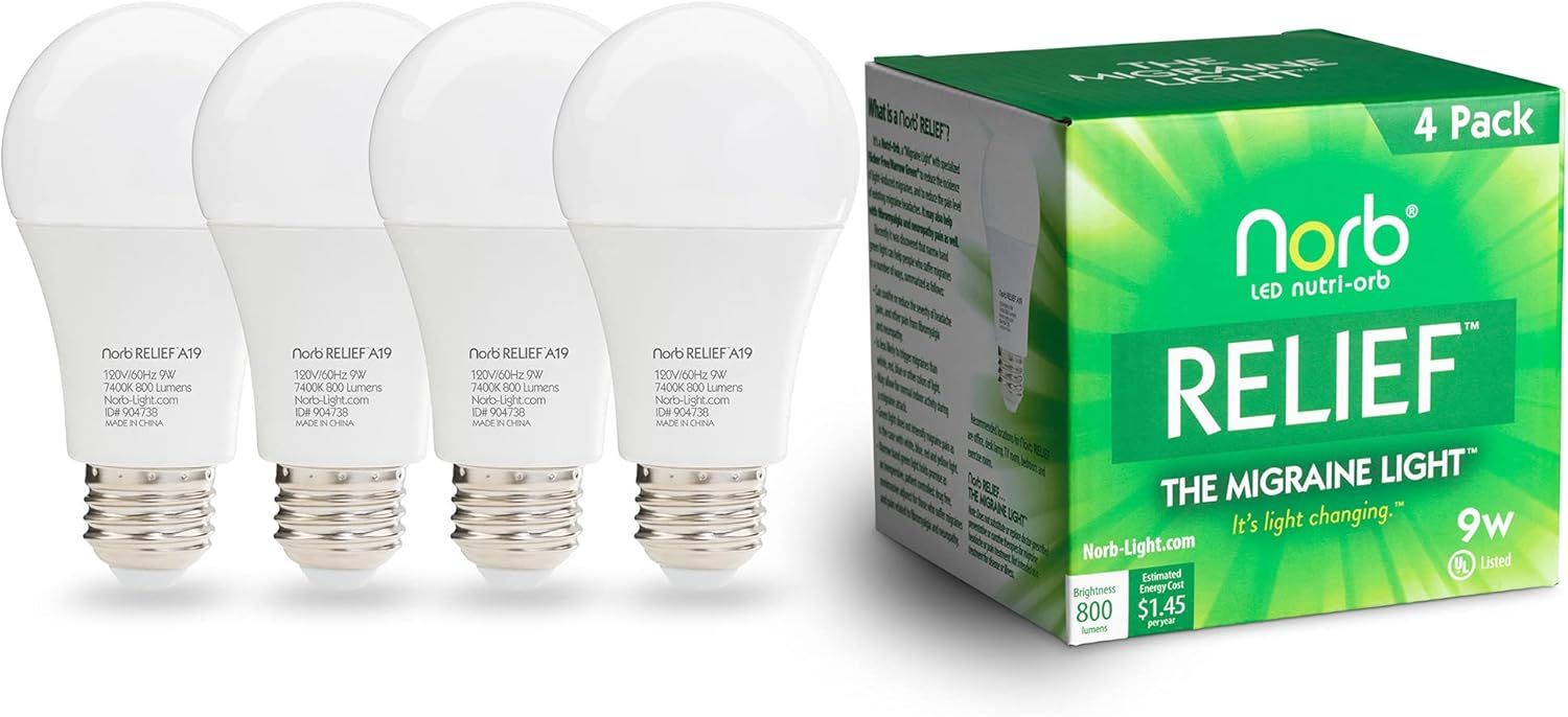 NorbRELIEF Green Light Therapy Migraine Relief Light Bulb, Research Proven Non-Drug Support for Migraine Pain. Patented in USA, LED Light for Migraine, Headache, Pain Relief. Pure Green Light (4-Pack)
