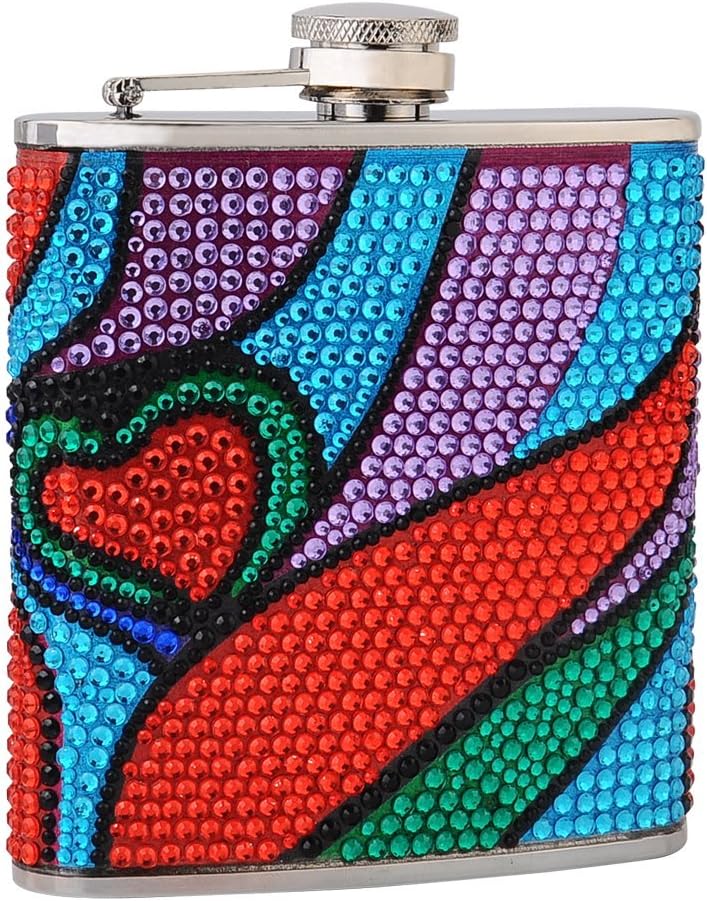 Hip Flask Holding 6 oz - Rhinestone Heart Pattern Design - Pocket Size, Stainless Steel, Rustproof, Screw-On Cap - Purple, Green, Red and Blue Finish