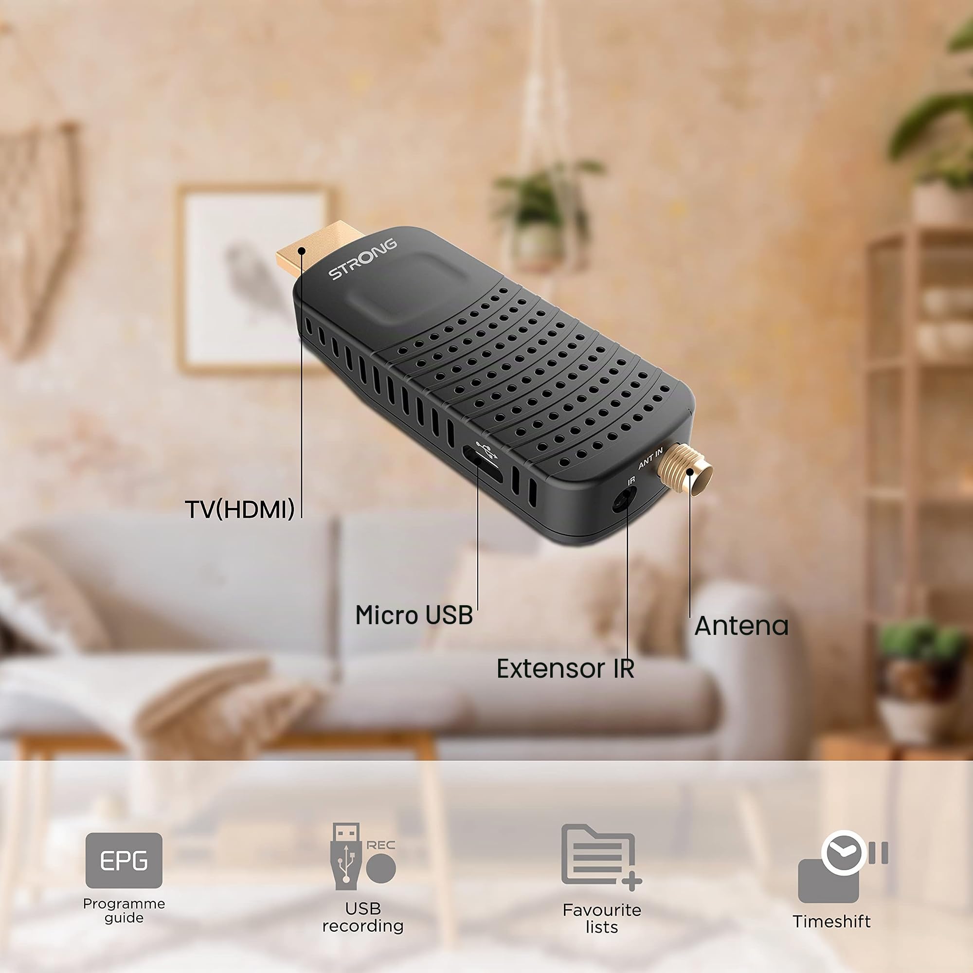 Strong Thomson SRT82 HDMI Stick TDT Full HD -DVB-T2 - Compatible con HEVC265 - HDMI, USB, Dolby Digital Plus - Negro