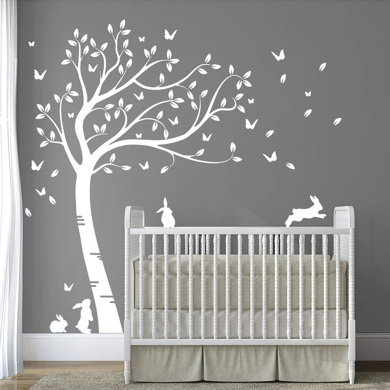 Designdivil Full Size White Beautiful Bunny Rabbits Tree Nursery Room Wall Decal DD007