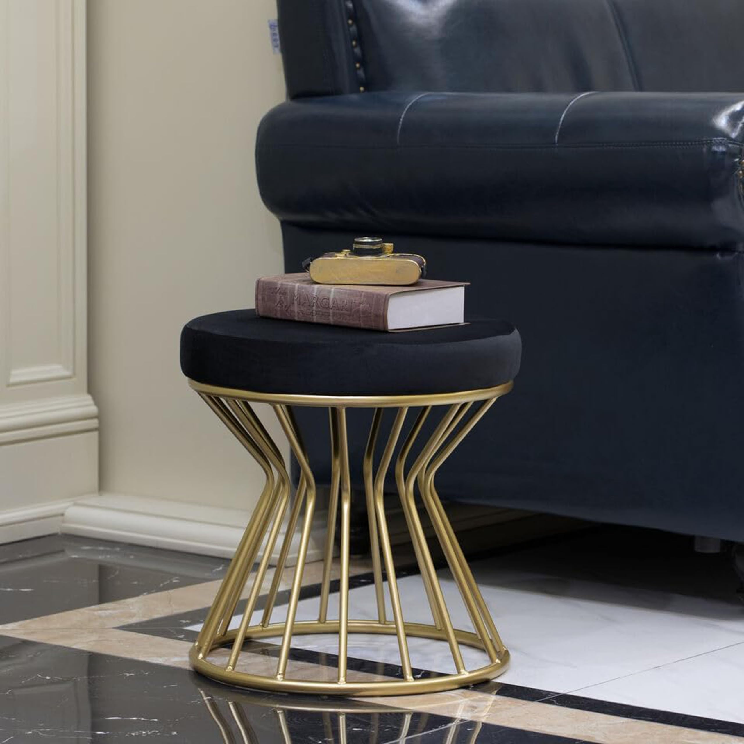 Dence Store Vanity Stool for Makeup Modern Velvet Vanity Chair with Metal Legs Round Ottoman Foot Stool for Living Room Makeup Room Entryway Home Decoration (Black, 1) (B0CYH5MVV1) Amazon Price History, Amazon Price Tracker