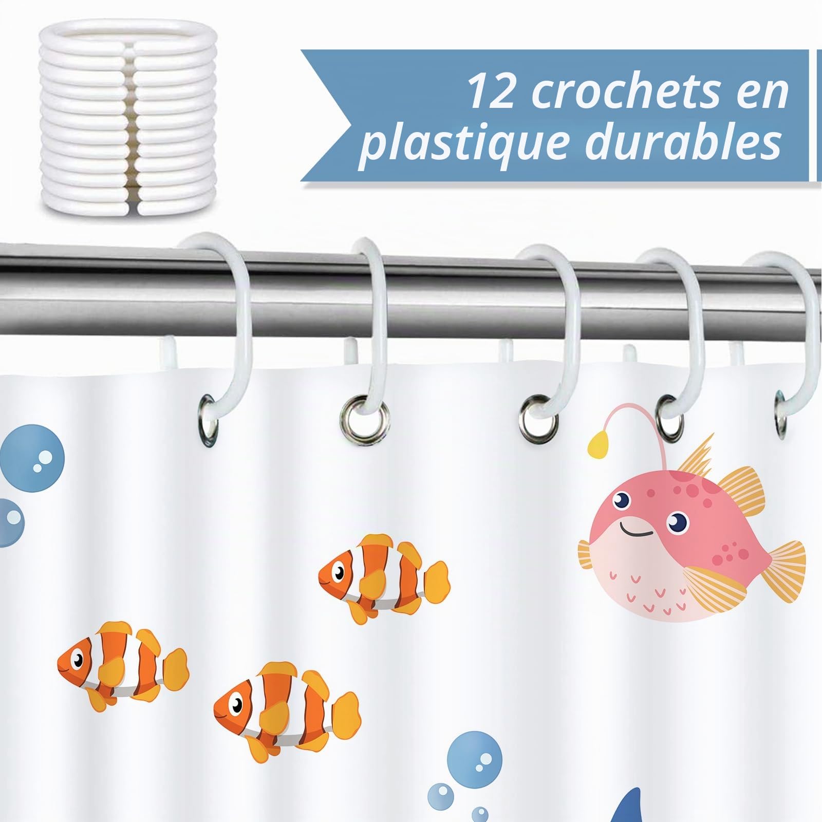 Bonhause Rideau de Douche Animal Enfants Tortue Océan Rideau de Bain Tissu Polyester Anti Moisissure Imperméable Lavable Rideaux Salle de Bain 180 x 180 cm avec 12 Crochets pour Baignoire