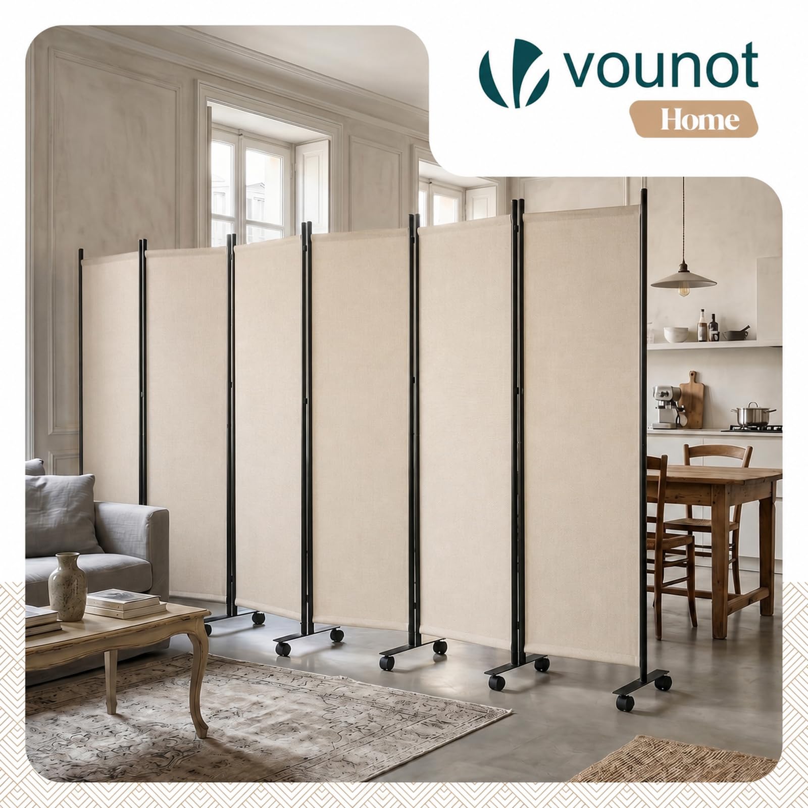 VOUNOT® Biombo Separador Plegable 6 Paneles Separador de Ambientes con Ruedas 340x30x171 cm Pantalla Privacidad Tela Poliéster Marco Metal Divisor de Habitación para Oficina Dormitorio Interior Beige