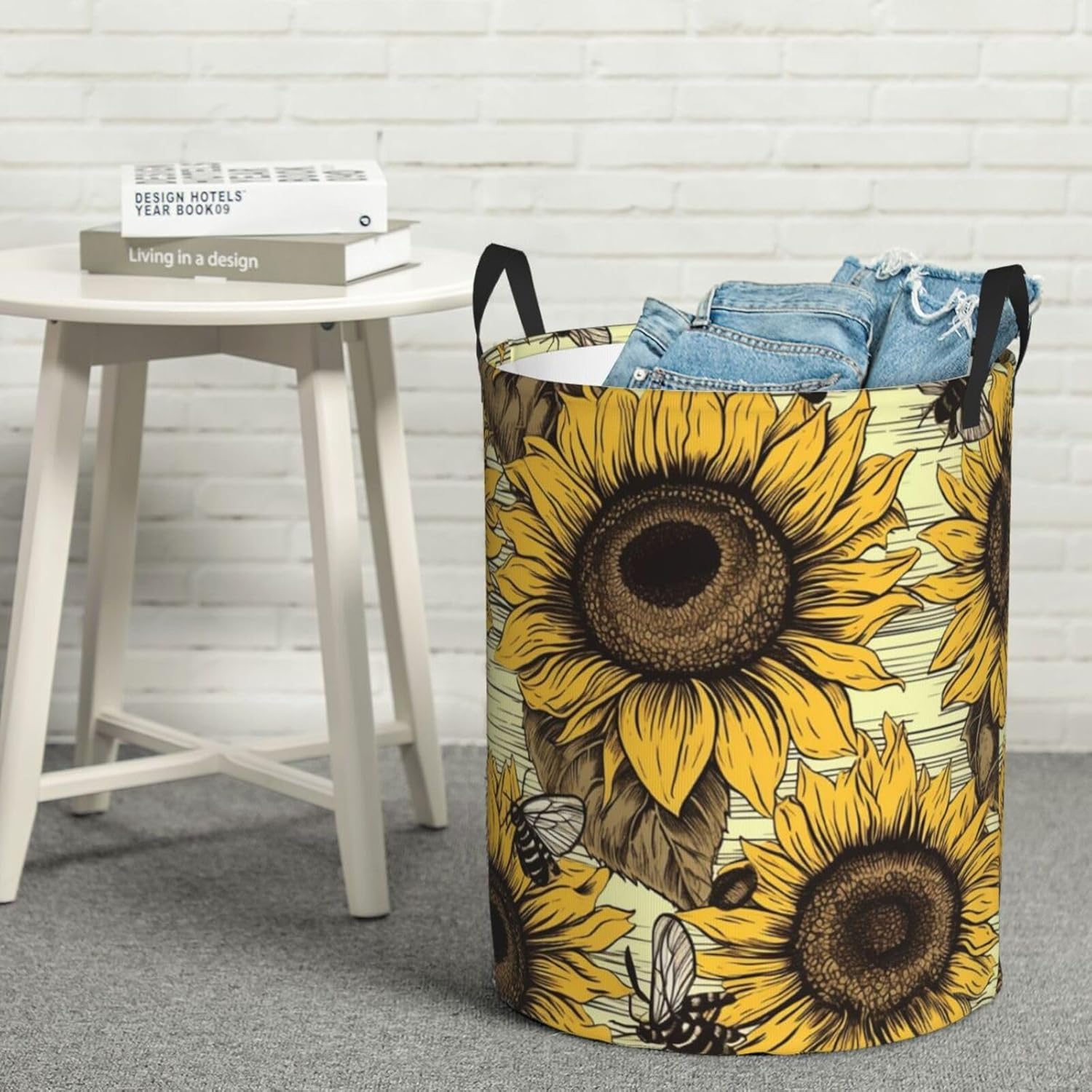 Bees Sunflower Laundry Basket With Handles, Foldable Laundry Hamper Oxford Cloth Dirty Clothes Basket Waterproof Clothes Toys Storage Bin Organizer for Bedroom Bathroom Dorm