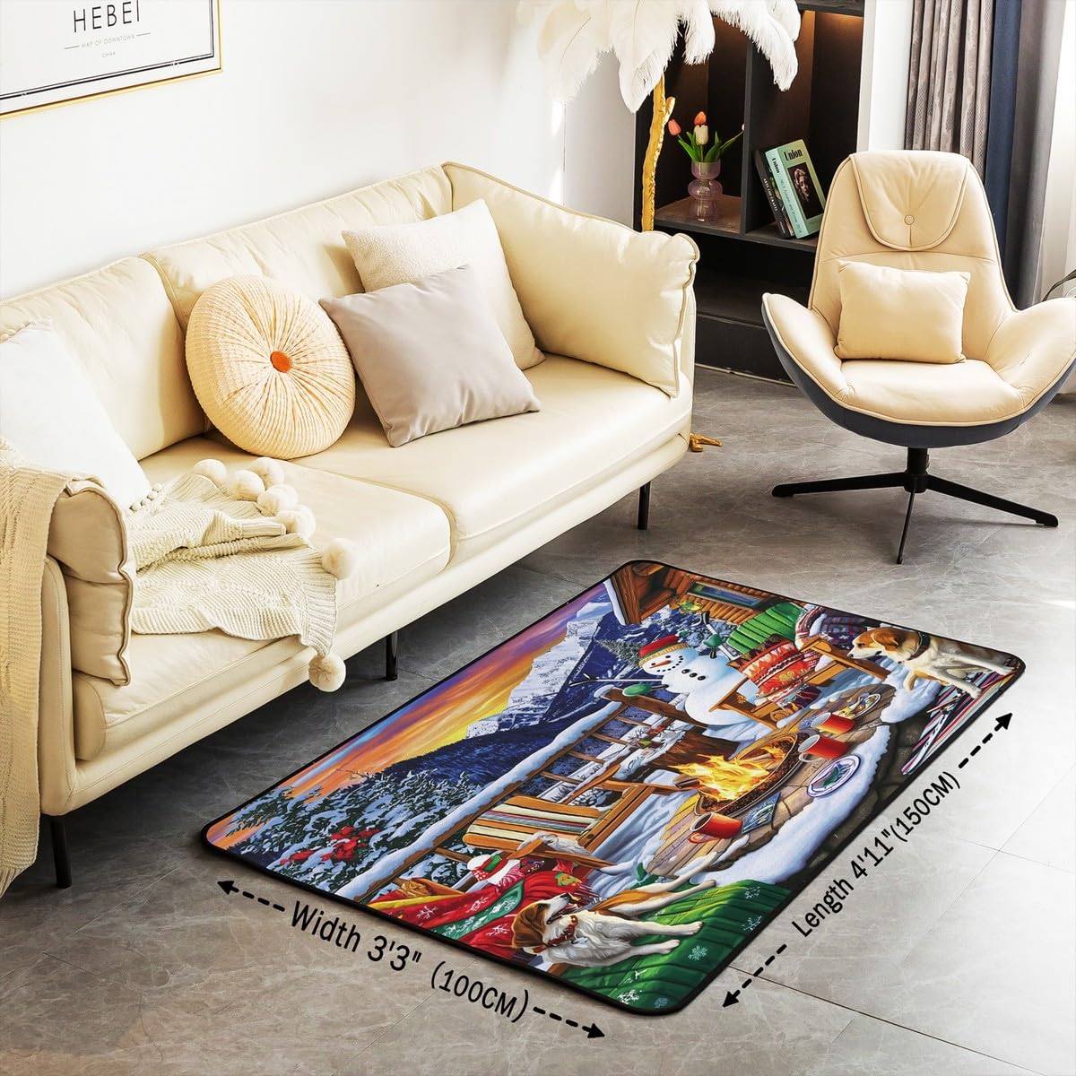 Homewish Bałwan Dywanik 100 x 150 cm Psy Śnieg Salon Dywany Krzesło Kabina Góra Zachód Słońca Dekoracyjny Dywan Leśny Ognisko Woodpile Zima Wewnętrzna Mata podłogowa